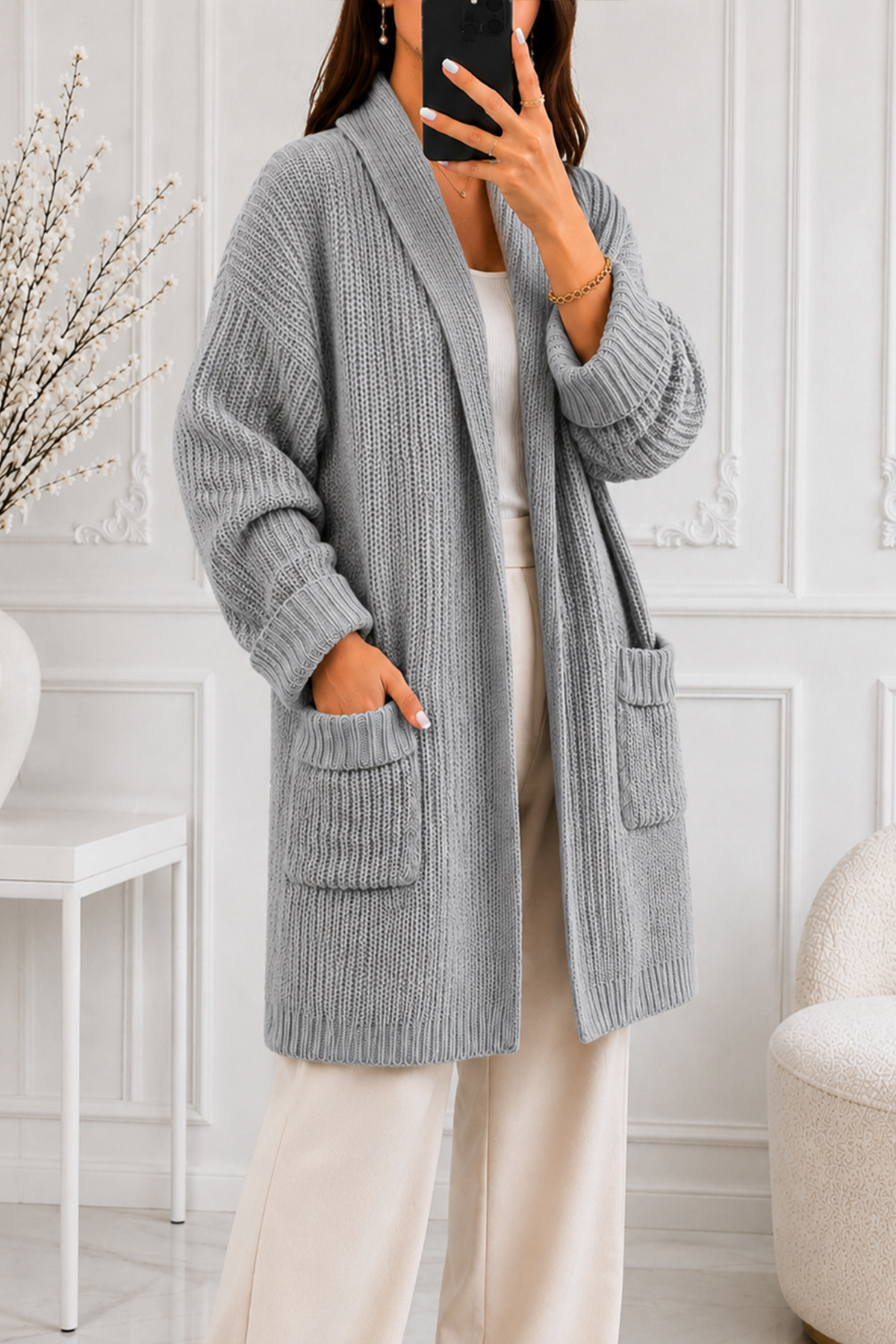 Pocketed Knit Cardigan R4596 Grey