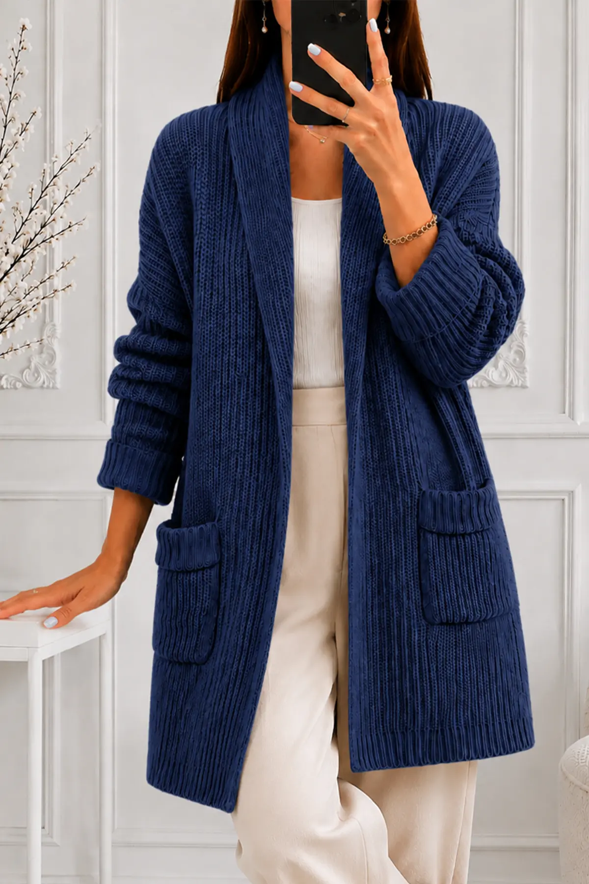 Pocketed Knit Cardigan R4596 Indigo-detail