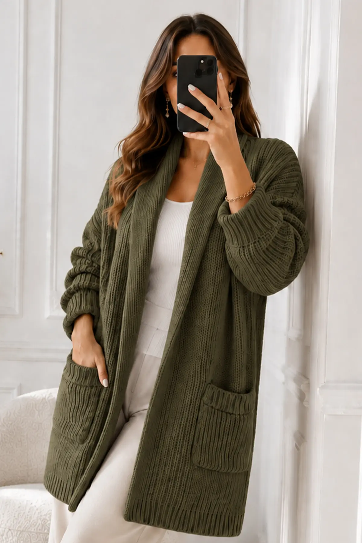 Pocketed Knit Cardigan R4596 Khaki-detail
