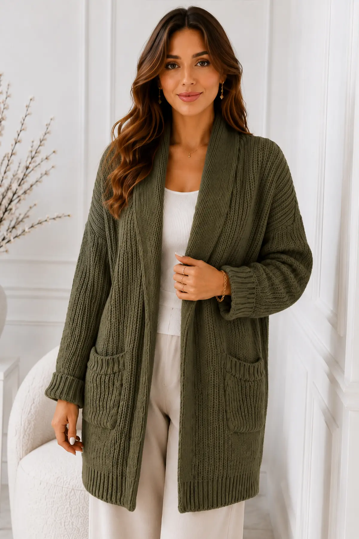 Pocketed Knit Cardigan R4596 Khaki-detail