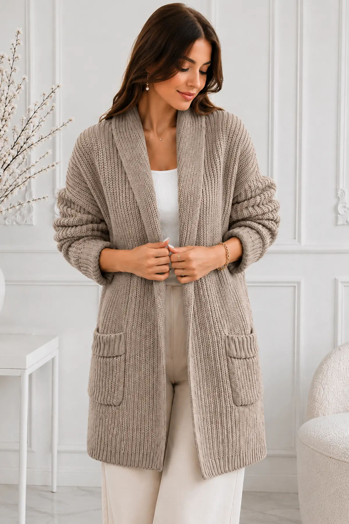 Pocketed Knit Cardigan R4596 Mink-detail