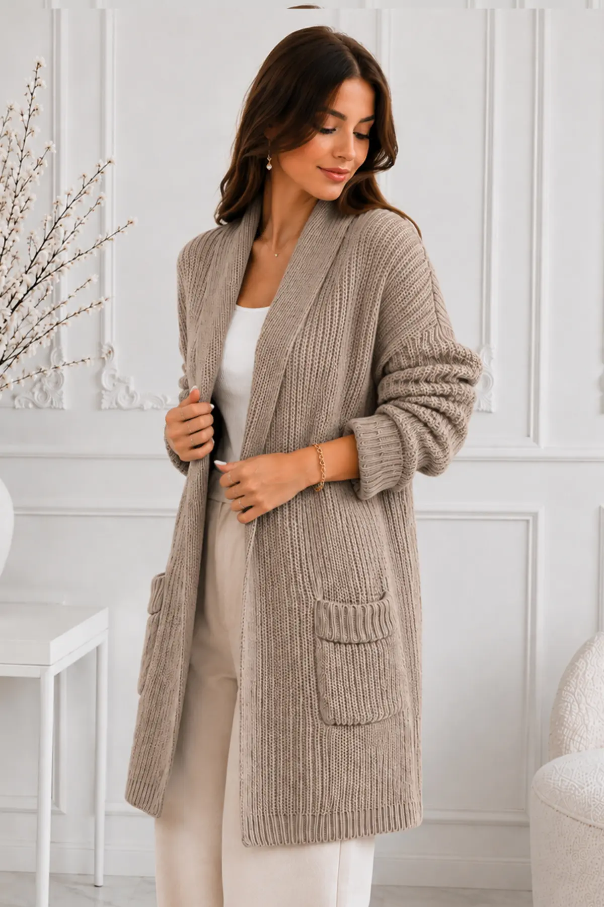 Pocketed Knit Cardigan R4596 Mink-detail