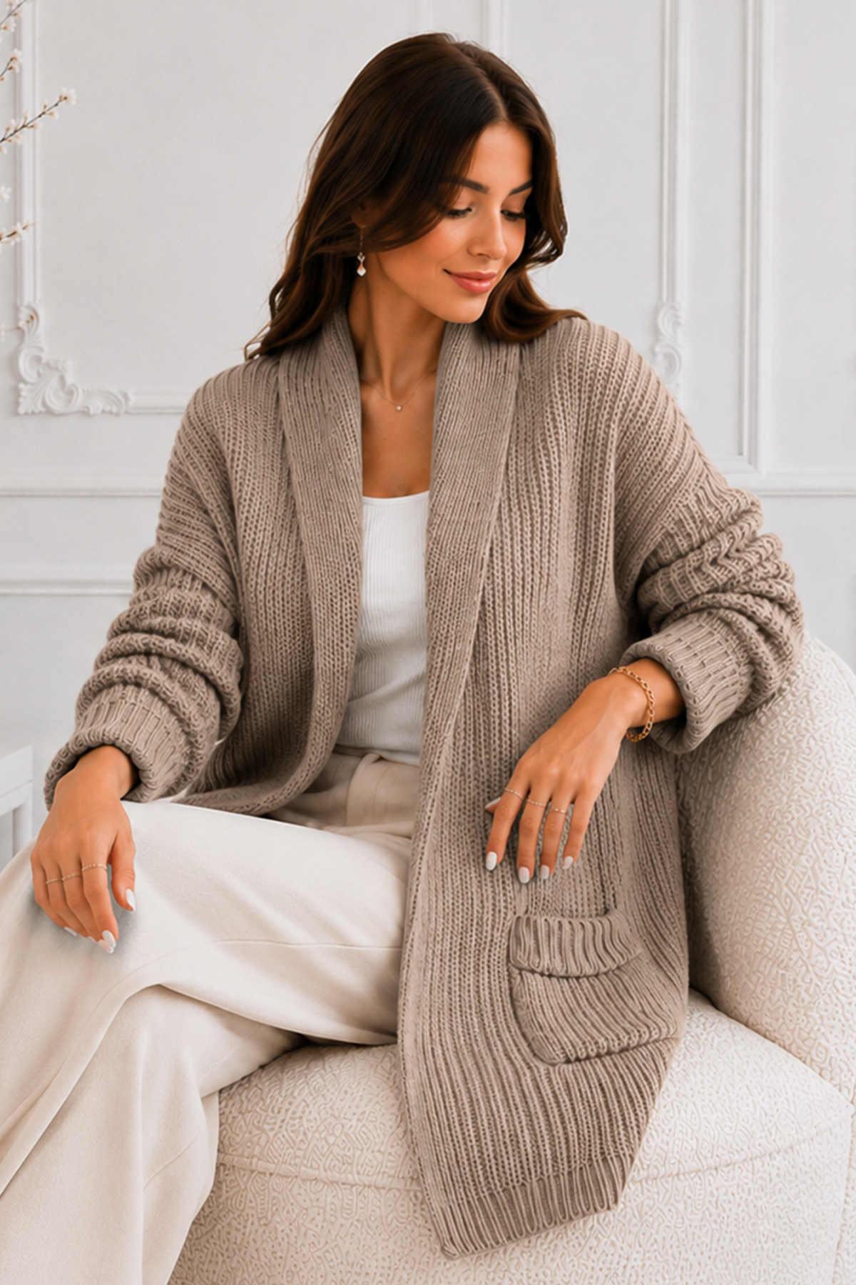 Pocketed Knit Cardigan R4596 Mink