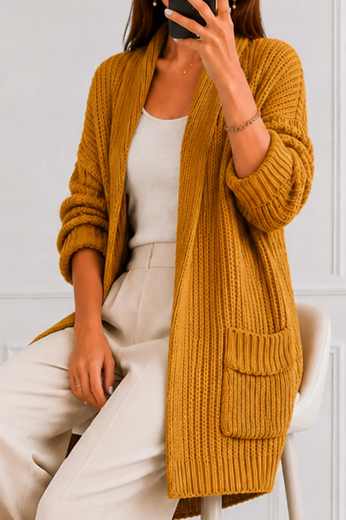 Pocketed Knit Cardigan R4596 Mustard-detail