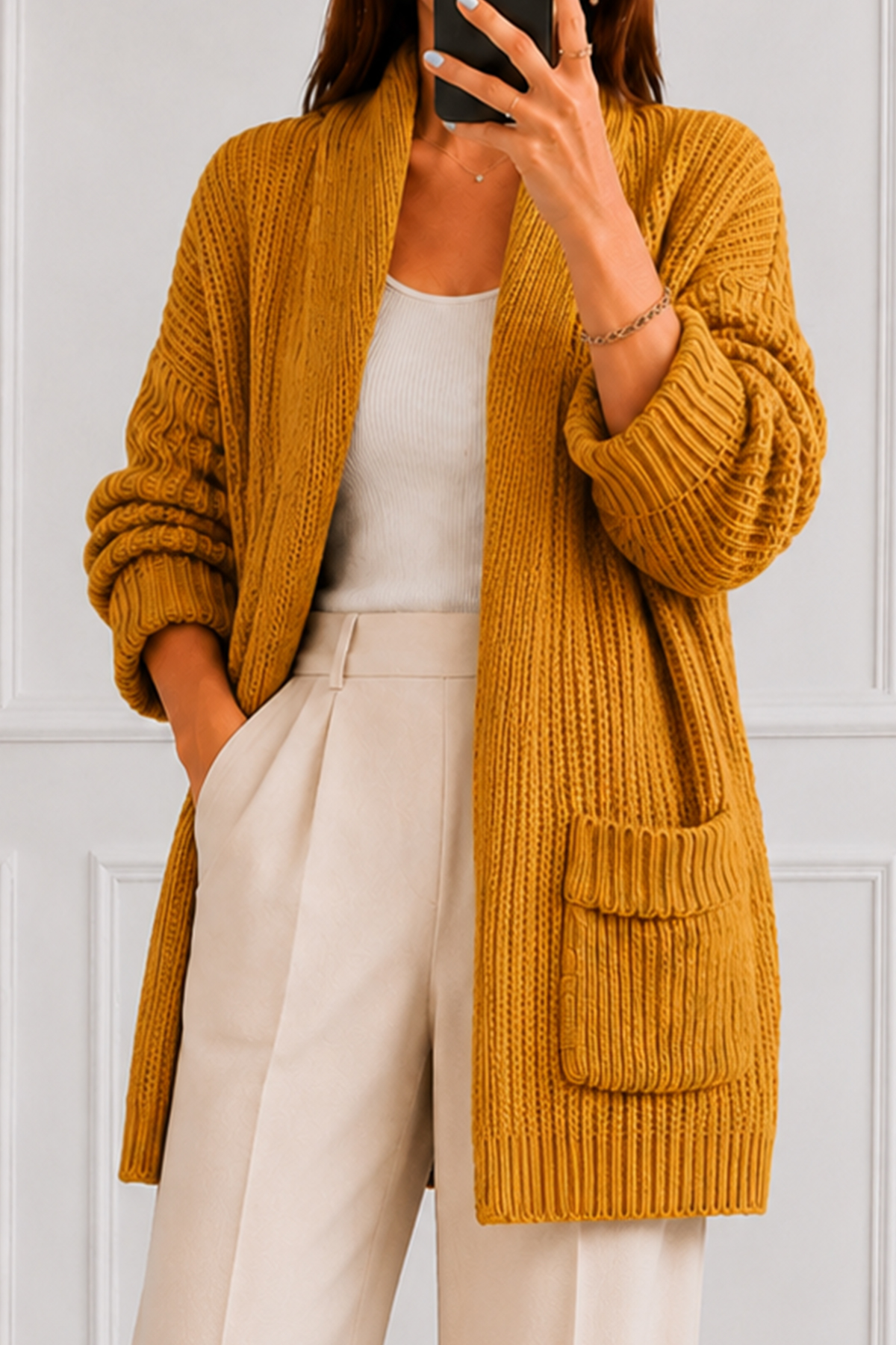 Pocketed Knit Cardigan R4596 Mustard