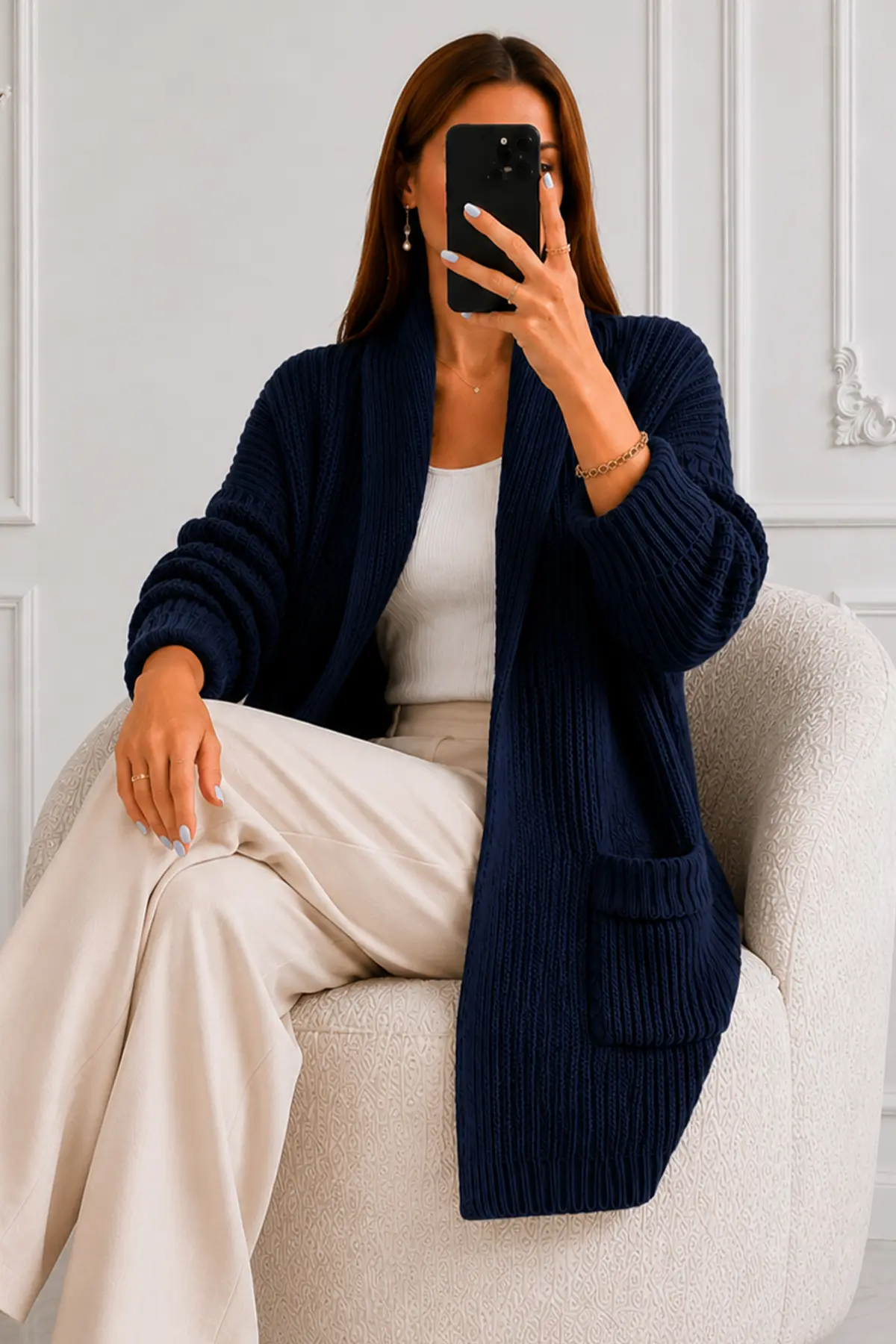Pocketed Knit Cardigan R4596 Navy Blue-detail