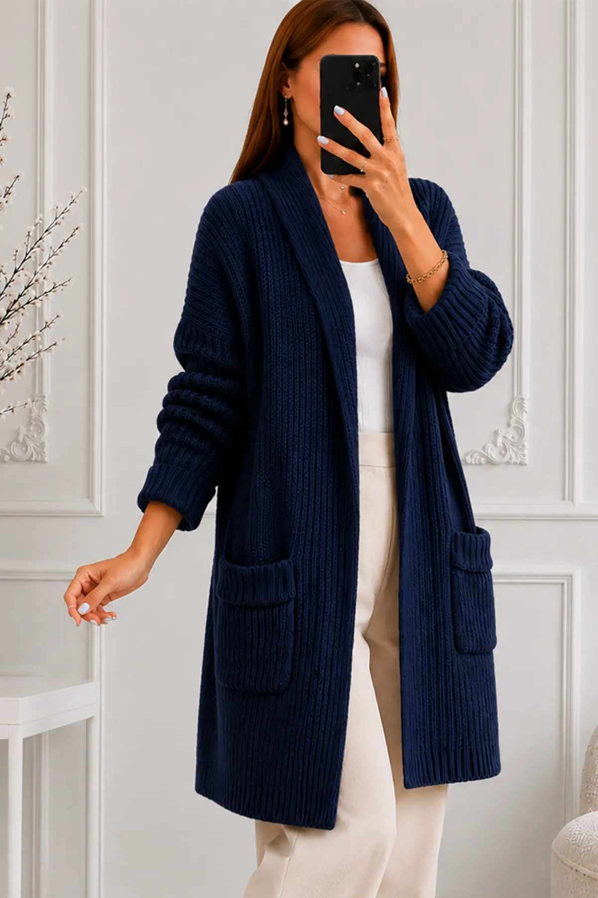 Pocketed Knit Cardigan R4596 Navy Blue-detail