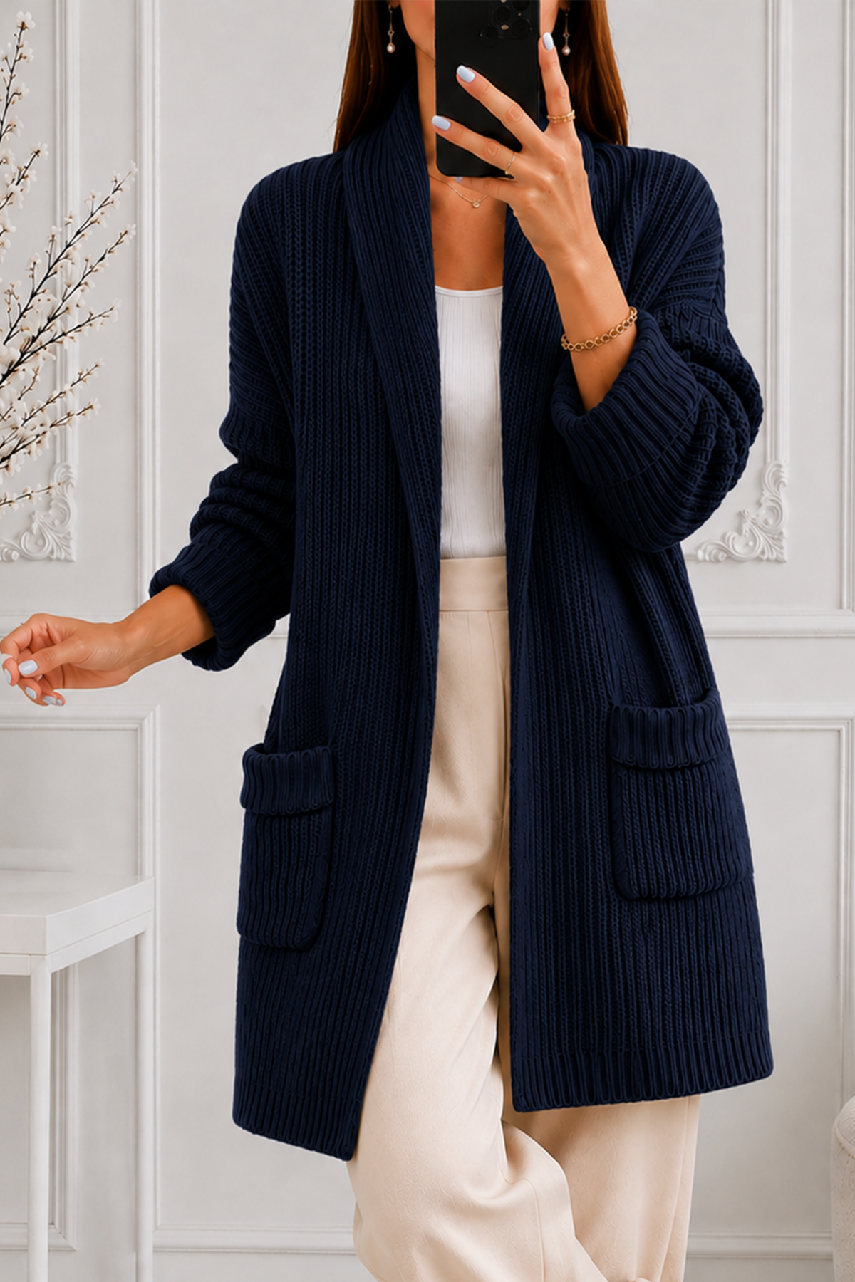 Pocketed Knit Cardigan R4596 Navy Blue