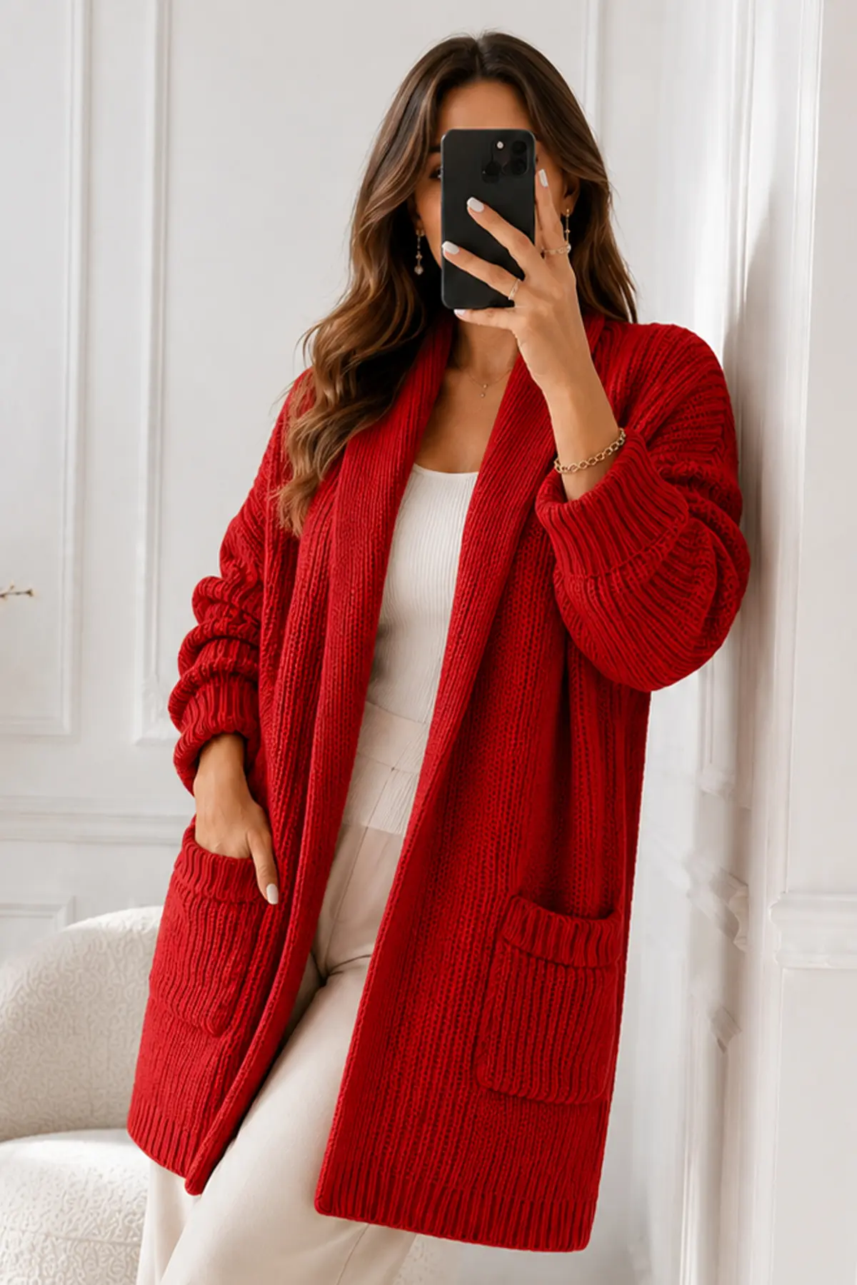 Pocketed Knit Cardigan R4596 Red-detail