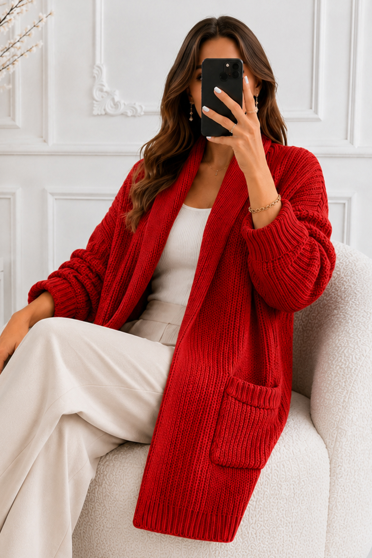 Pocketed Knit Cardigan R4596 Red