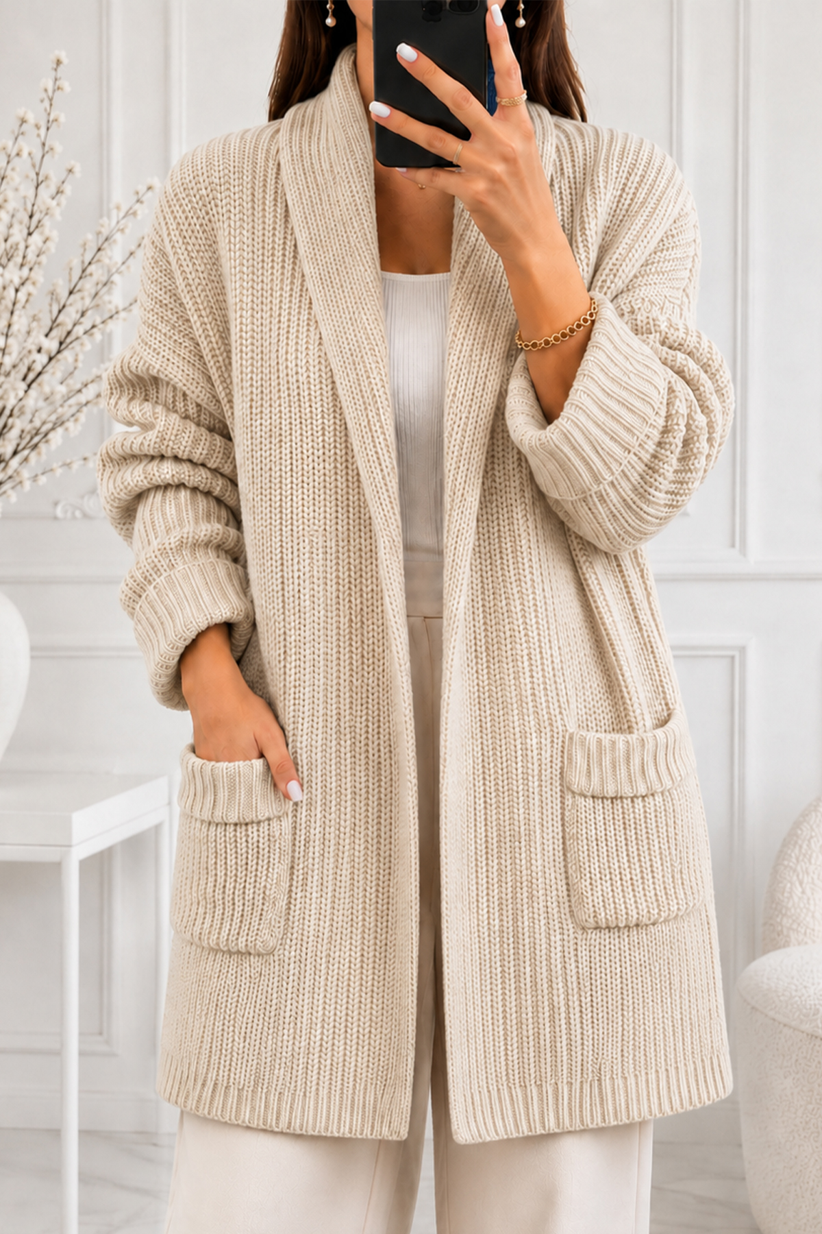 Pocketed Knit Cardigan R4596 Stone