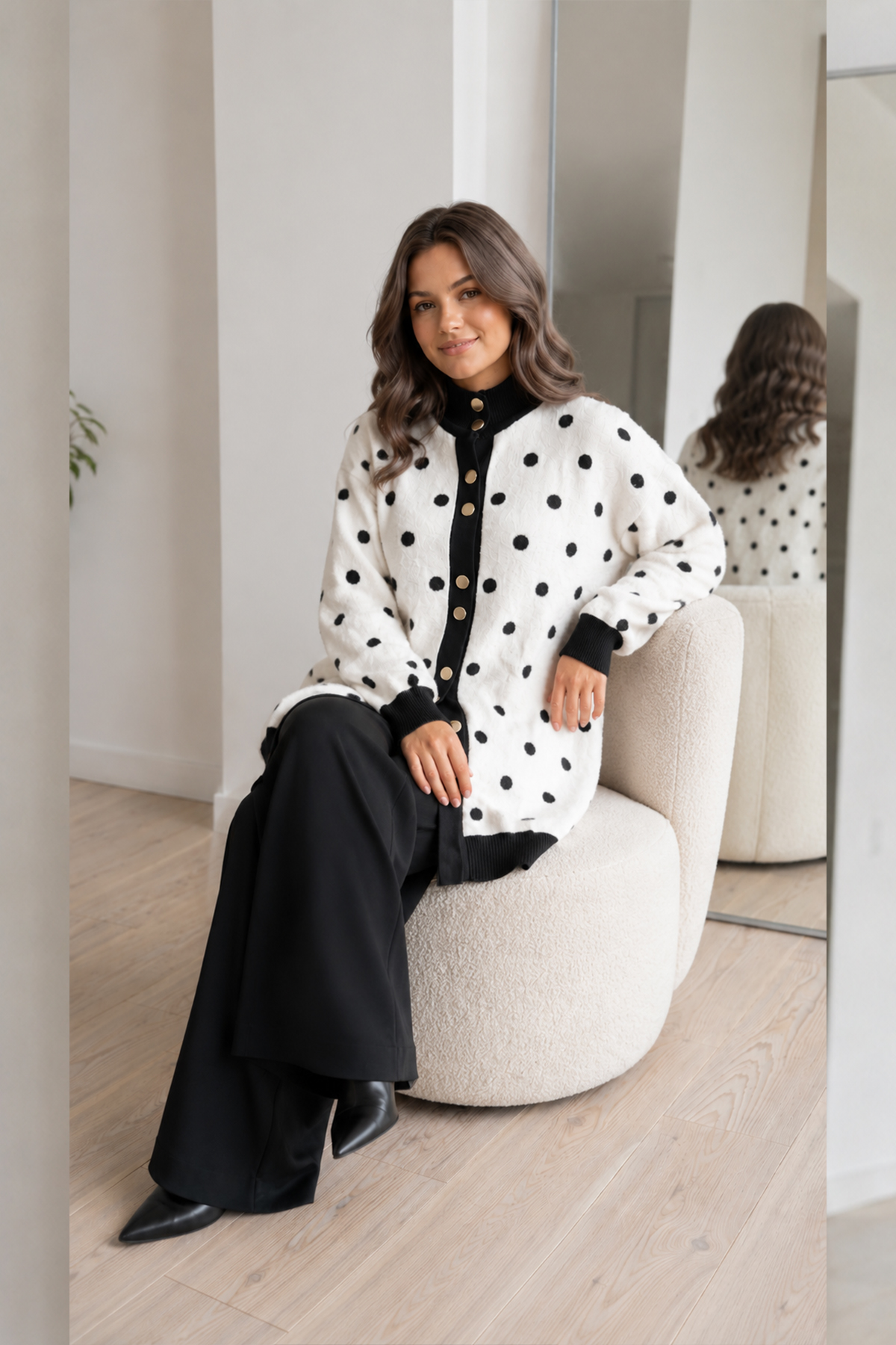 Polka-dot Eyelash-knit Cardigan N3321 Black