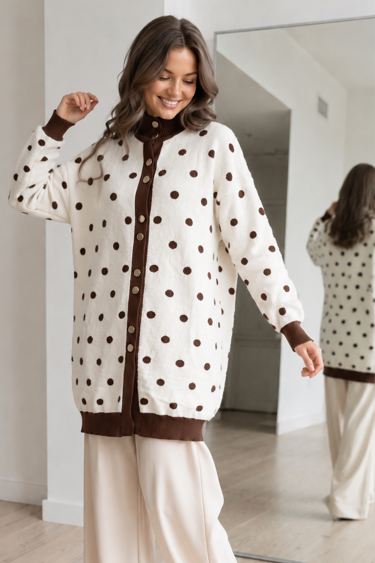 Polka-dot Eyelash-knit Cardigan N3321 Brown