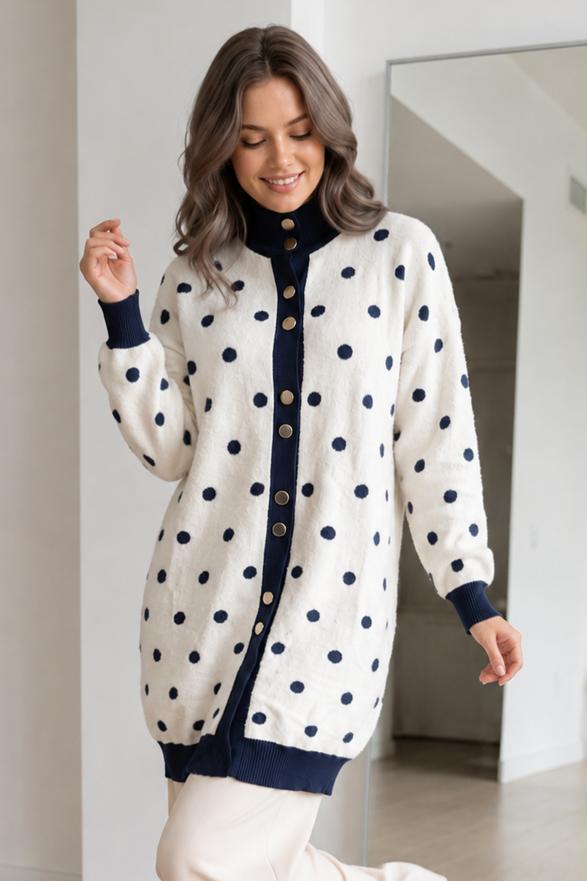 Polka-dot Eyelash-knit Cardigan N3321 Navy Blue
