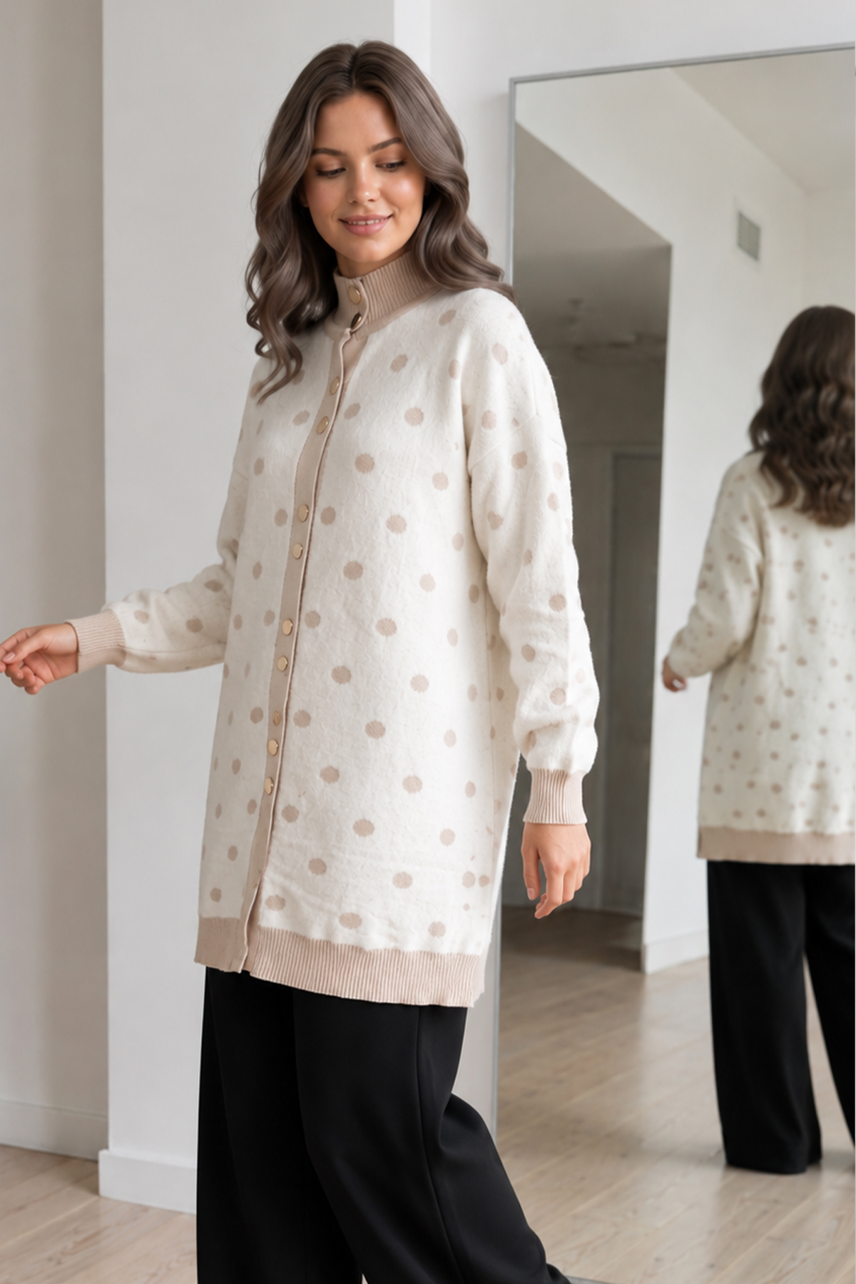 Polka-dot Eyelash-knit Cardigan N3321 Stone