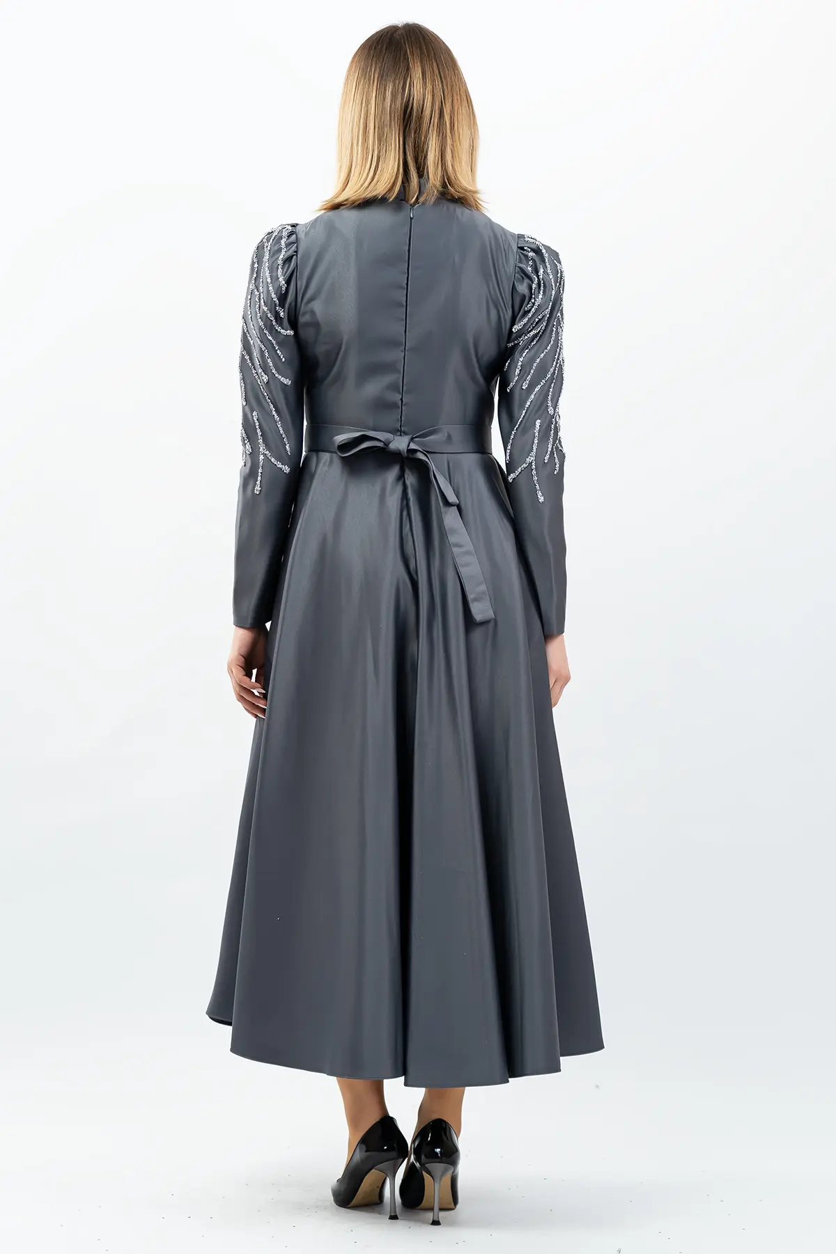 Princess Model Evening Dress Grey With Stone Detail-detail