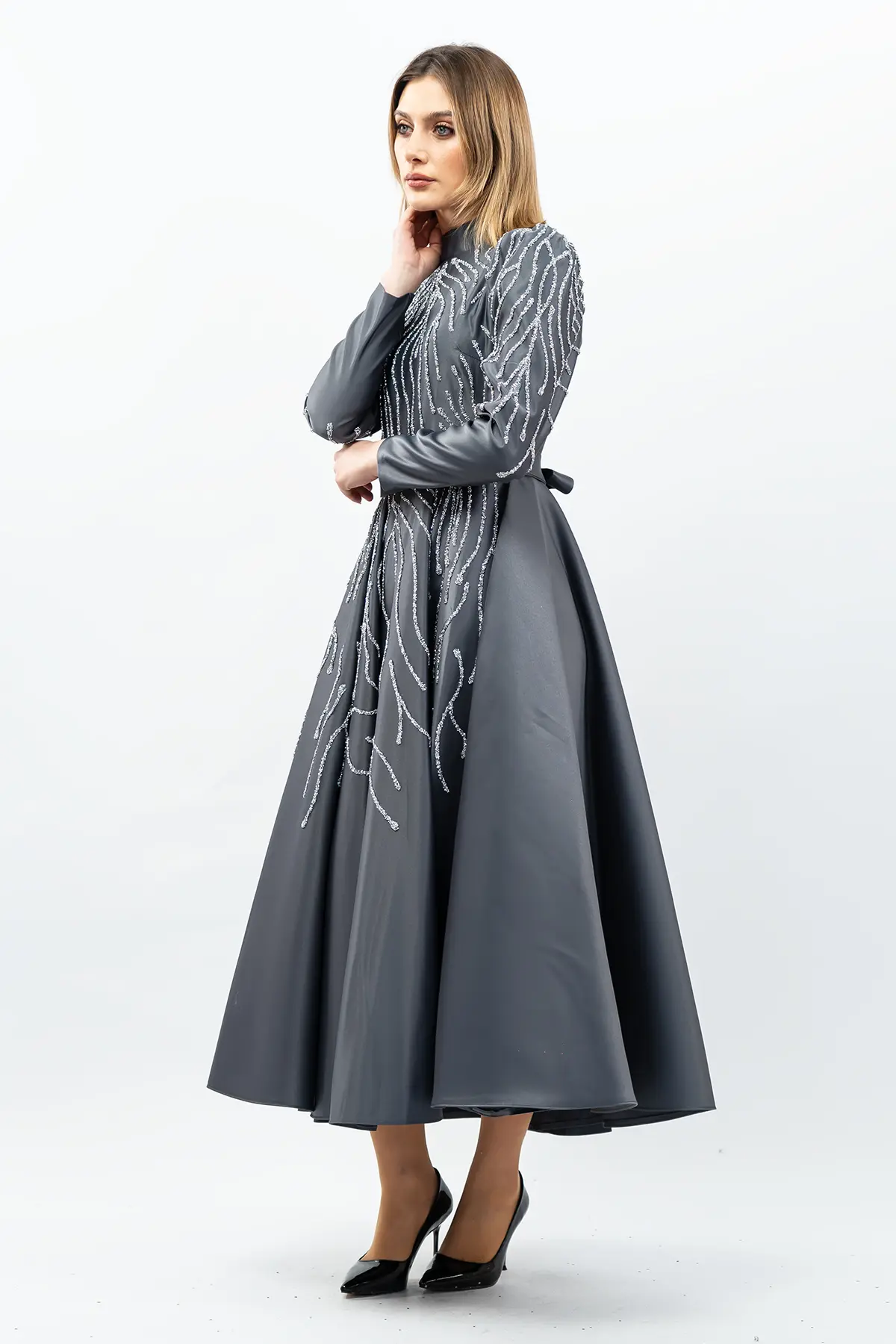 Princess Model Evening Dress Grey With Stone Detail-detail