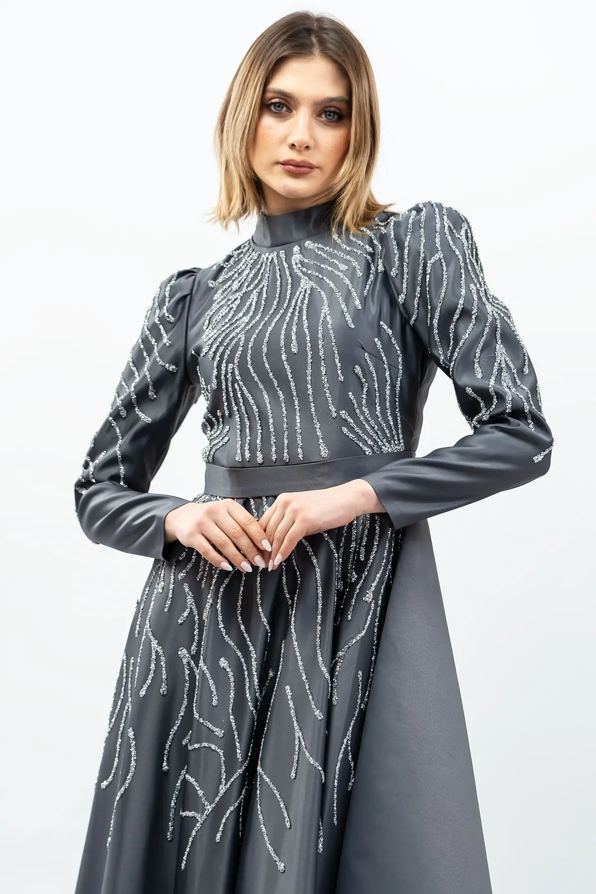 Princess Model Evening Dress Grey With Stone Detail-detail