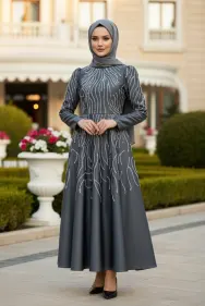 Princess Model Evening Dress Grey With Stone Detail