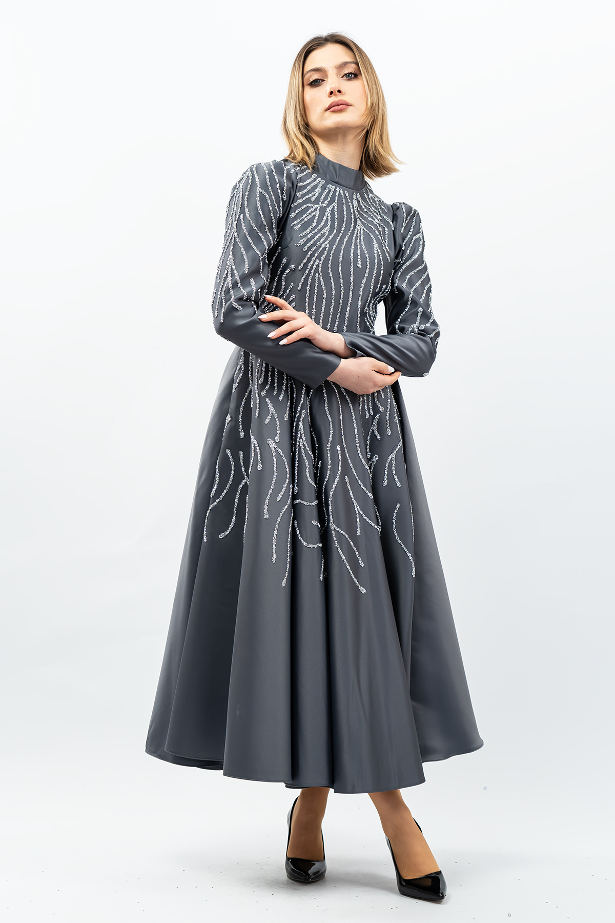 Princess Model Evening Dress Grey With Stone Detail