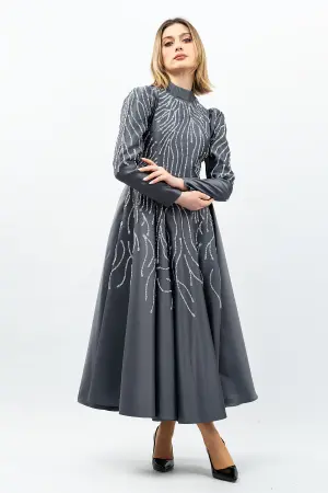 Princess Model Evening Dress Grey With Stone Detail