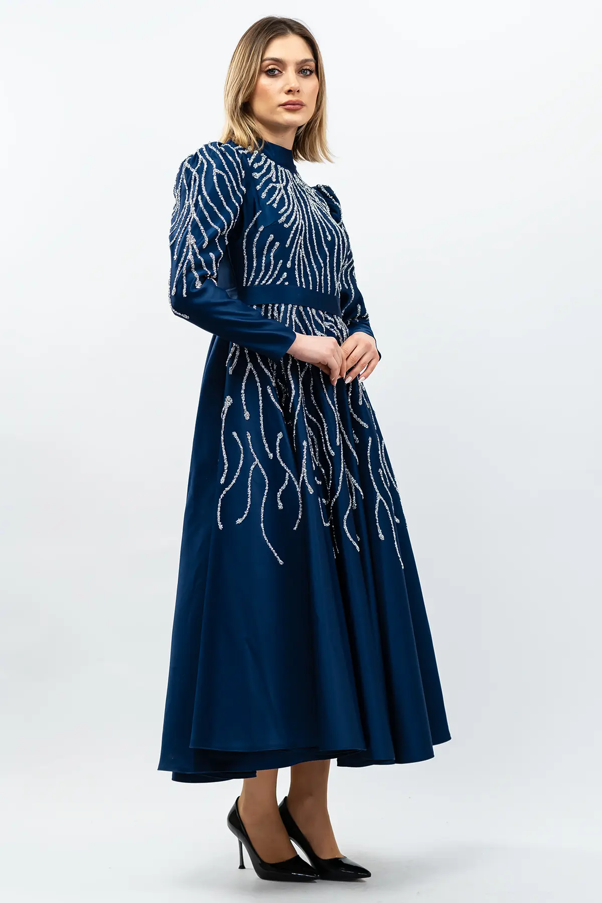Princess Model Evening Dress Navy Blue With Stone Detail-detail