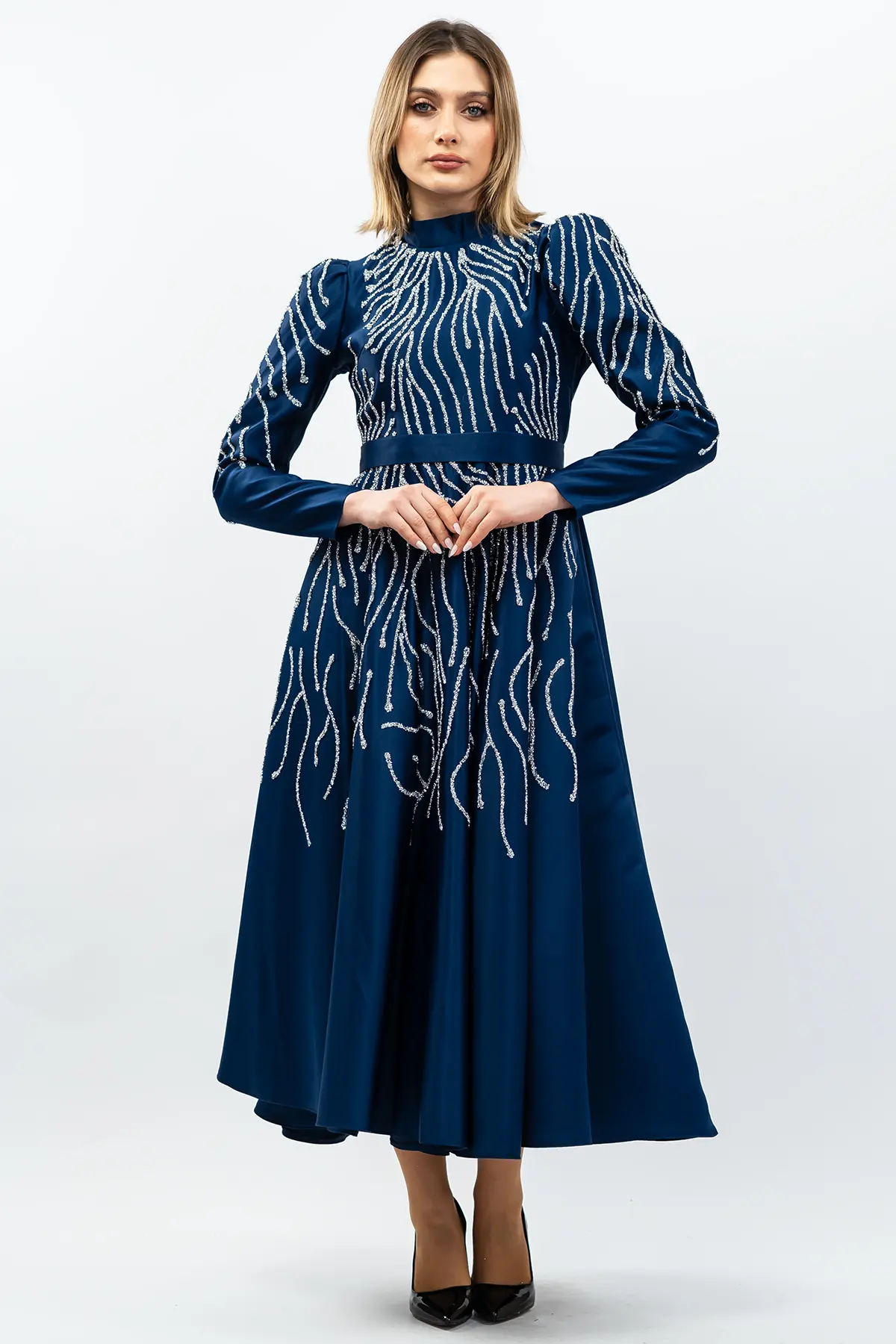 Princess Model Evening Dress Navy Blue With Stone Detail-detail