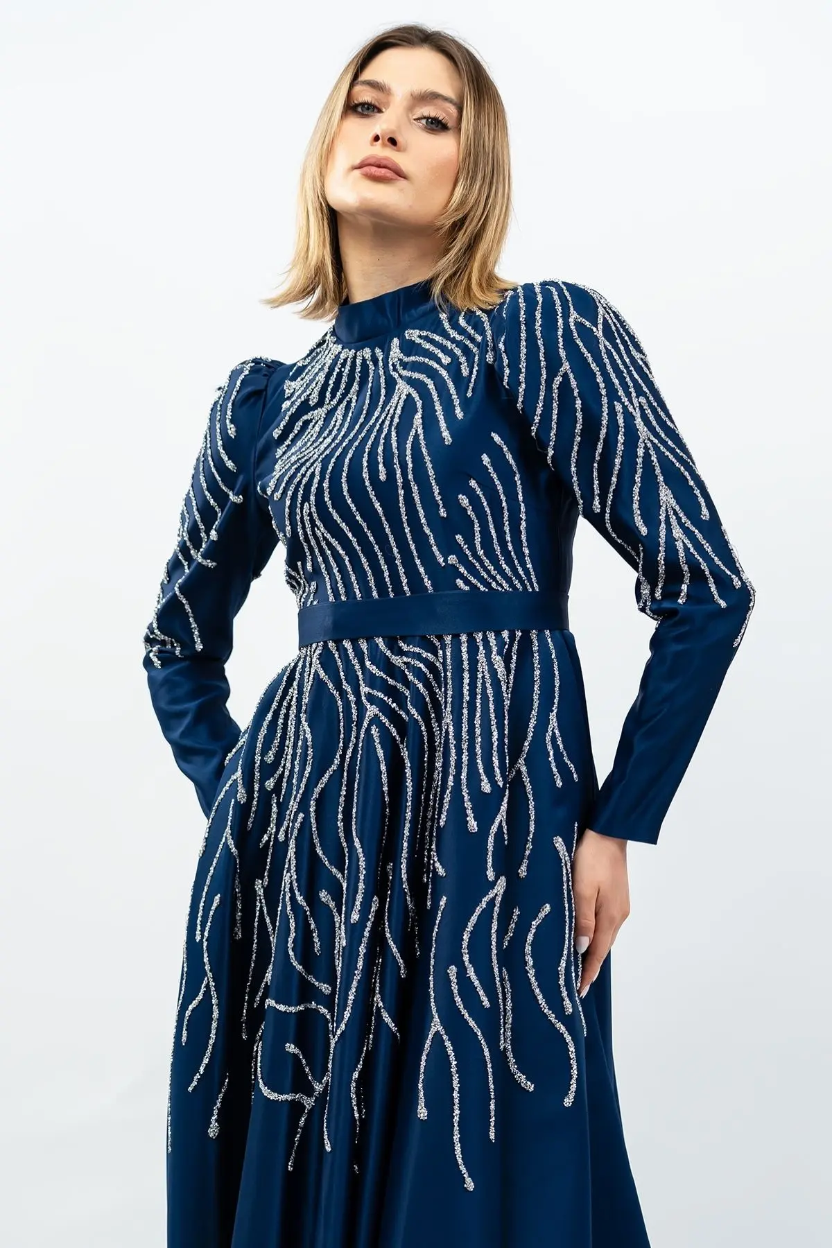 Princess Model Evening Dress Navy Blue With Stone Detail-detail