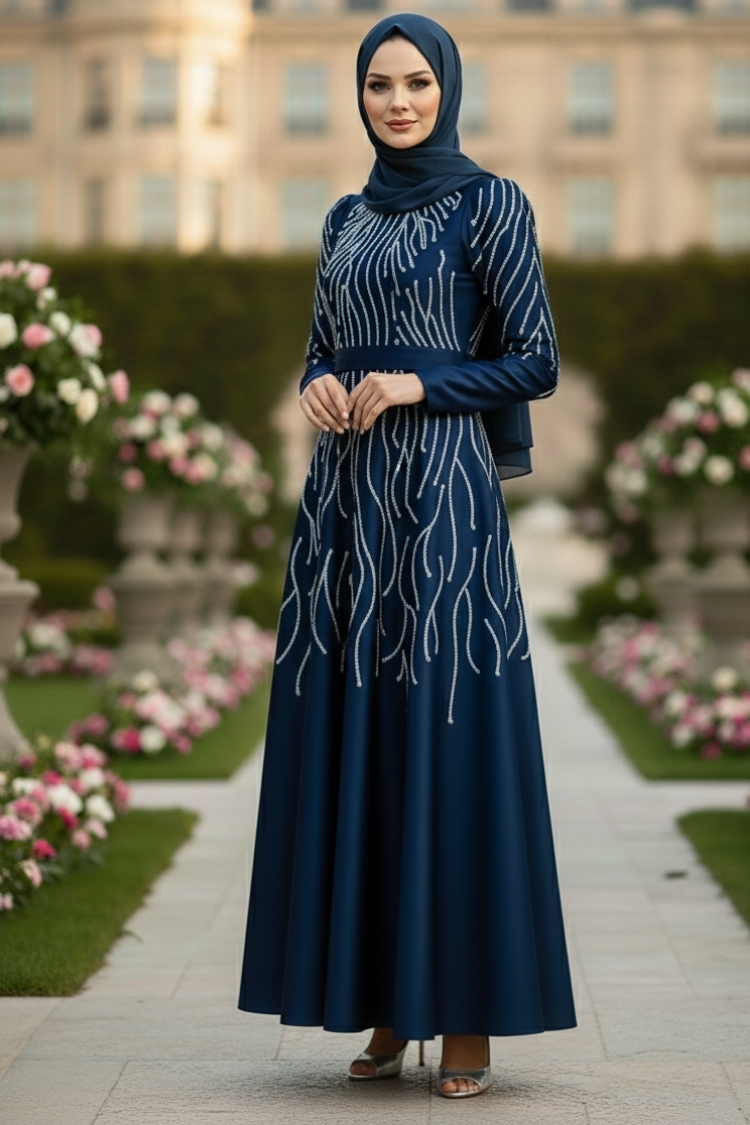 Princess Model Evening Dress Navy Blue With Stone Detail