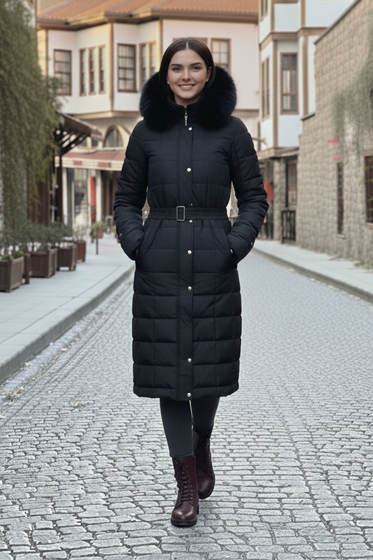 Quilted Coat With Fur Collar