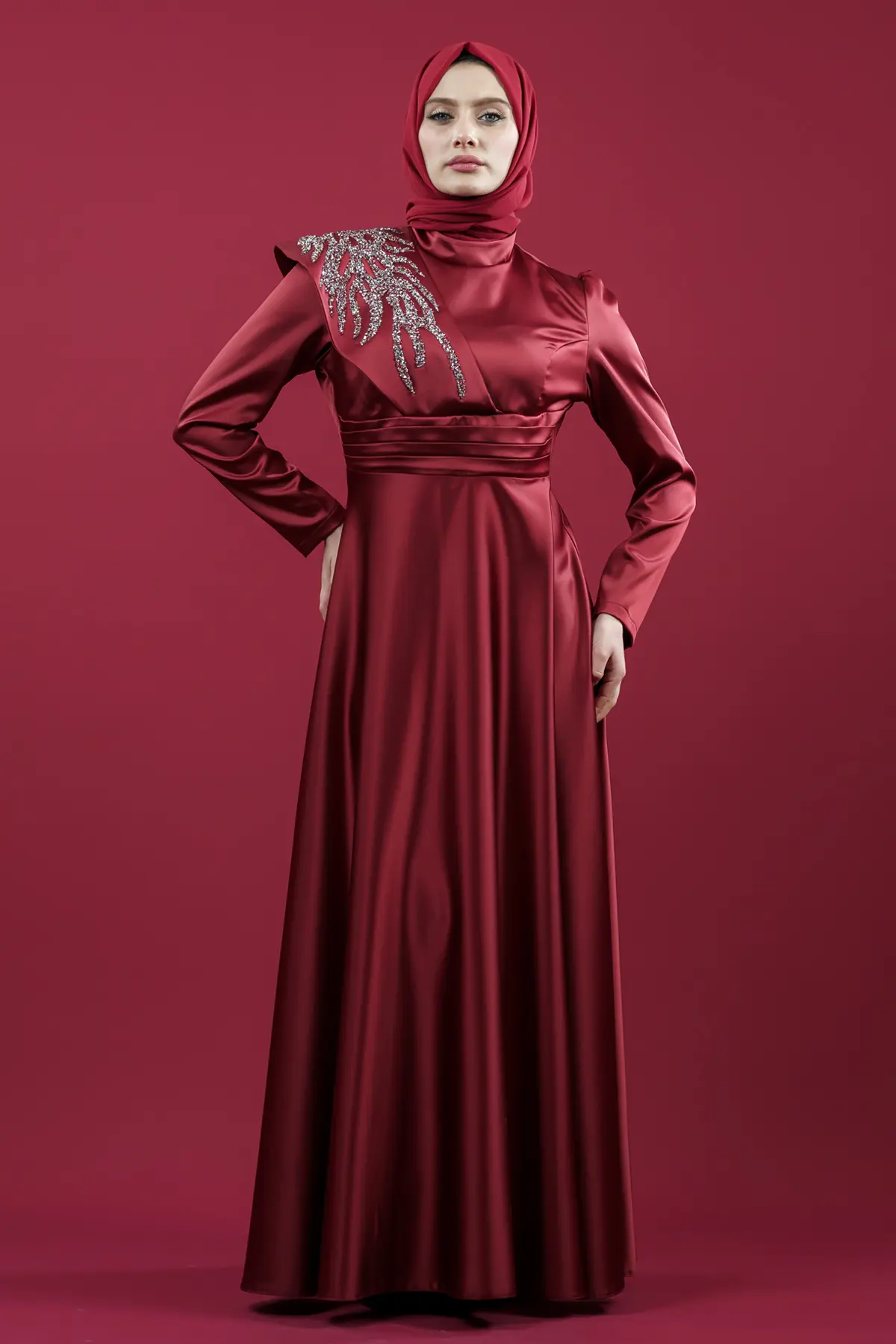 Red Color Satin Evening Dress-detail