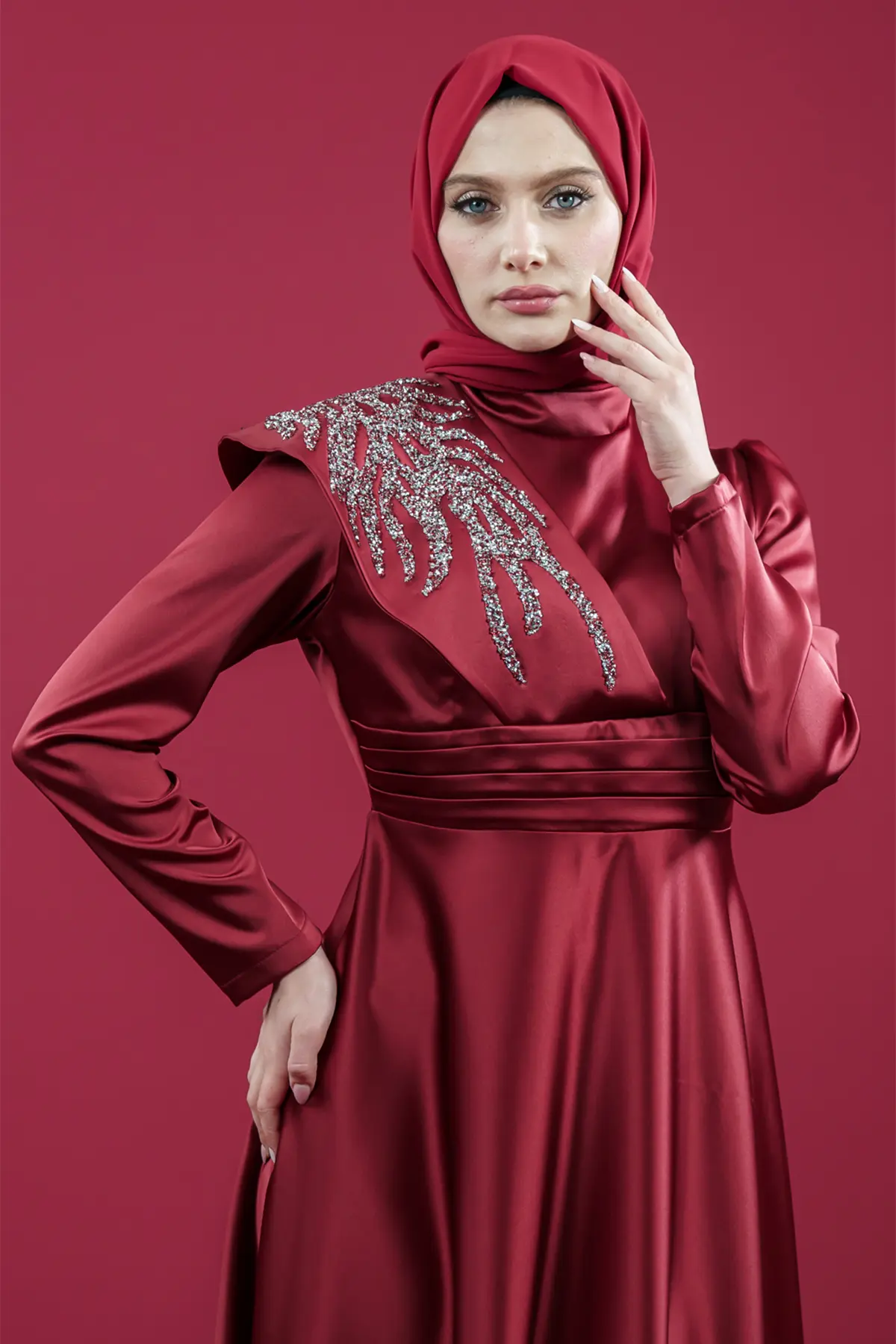 Red Color Satin Evening Dress-detail