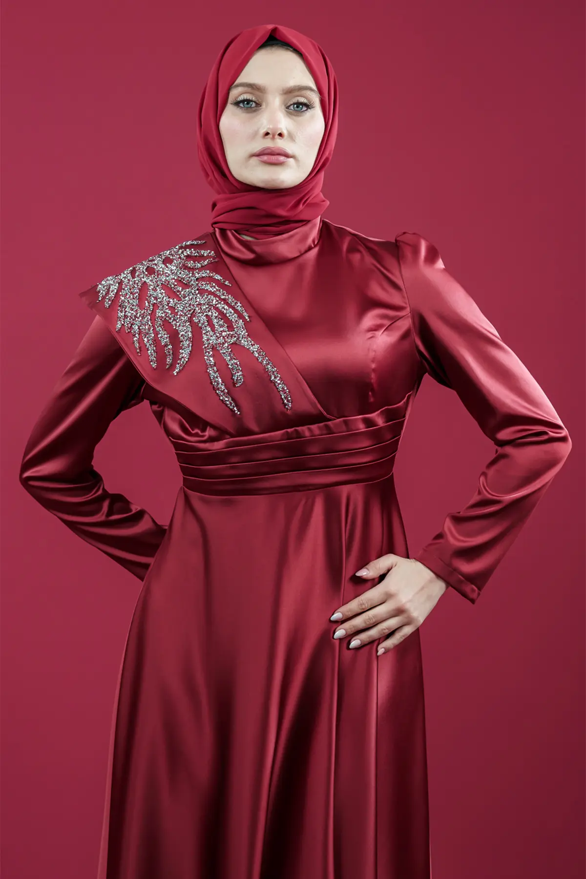 Red Color Satin Evening Dress-detail