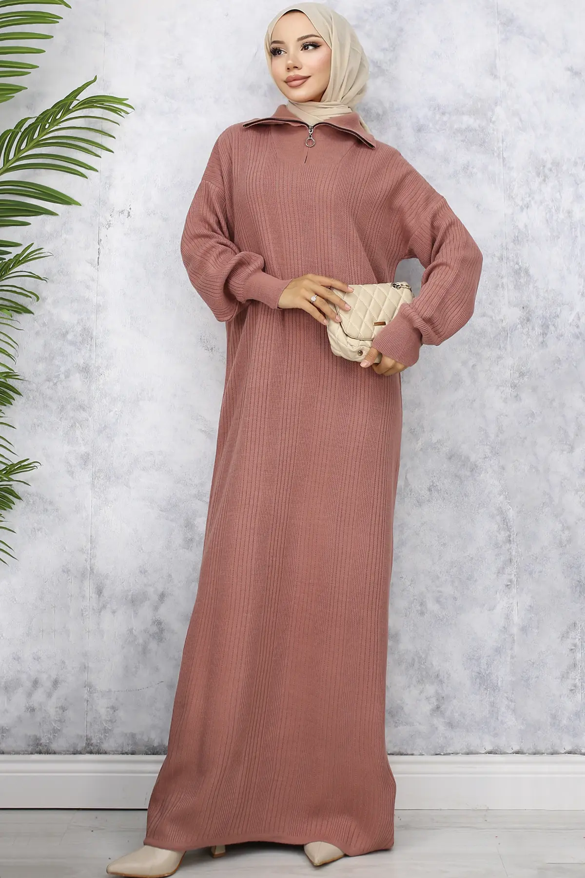 Ribbed Knitwear Dress With Zipped Collar-detail