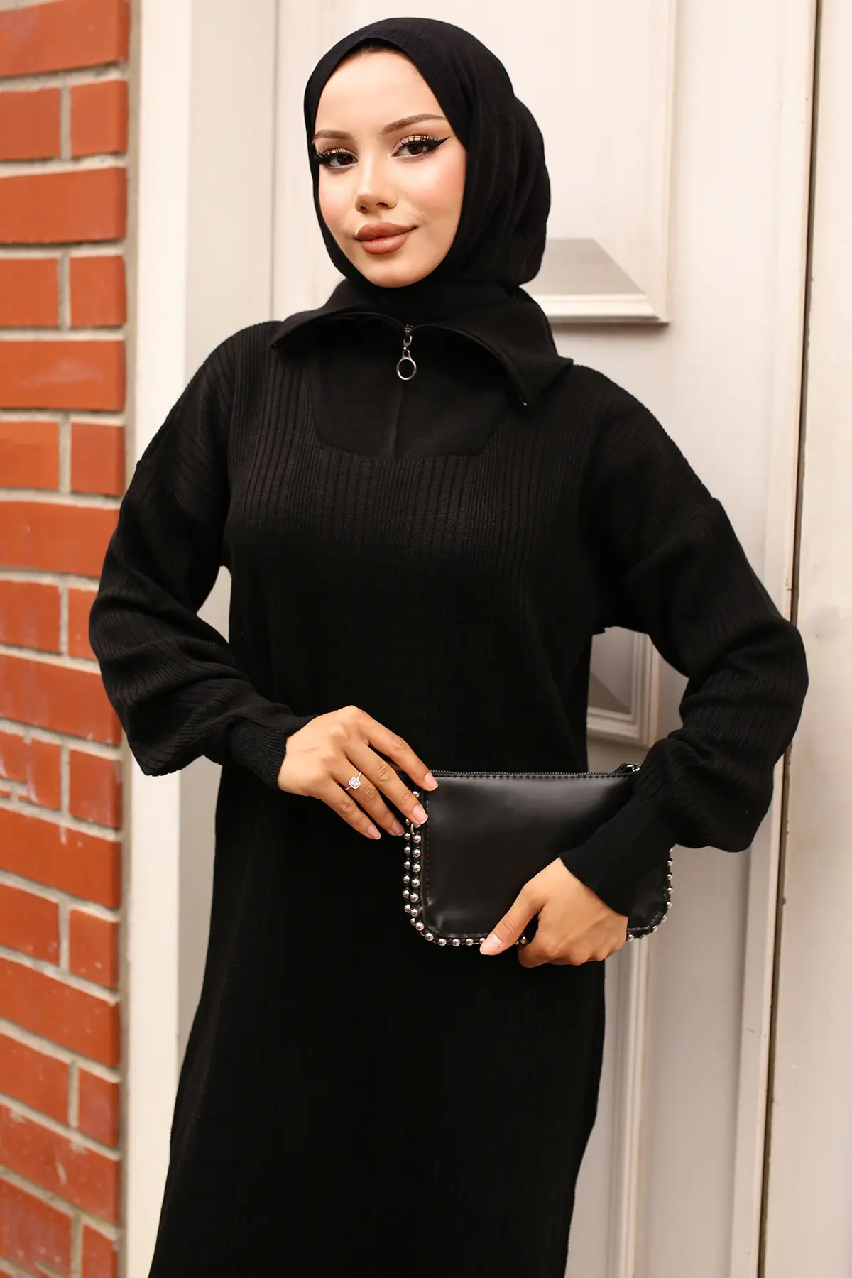 Ribbed Knitwear Dress With Zipped Collar-detail