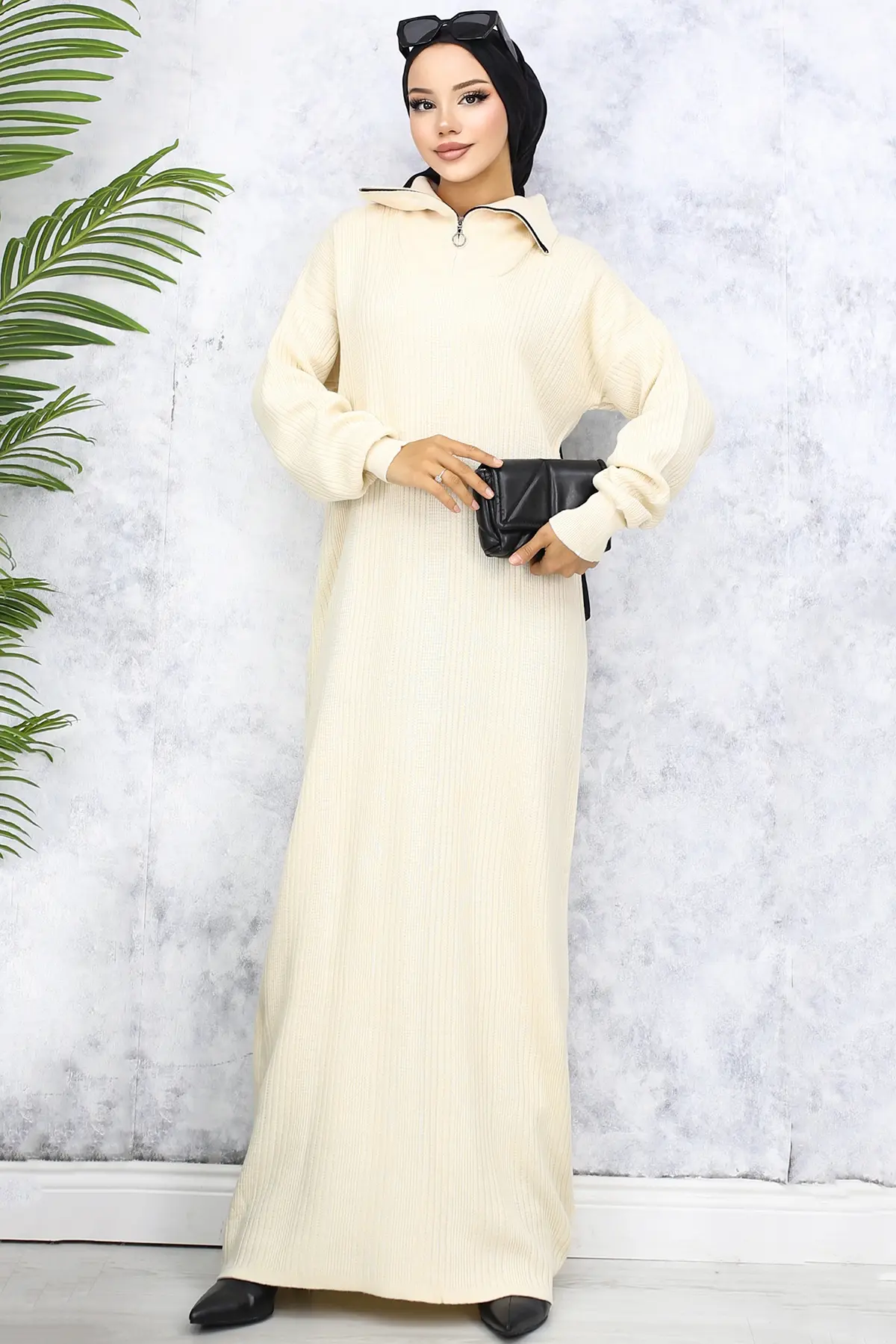 Ribbed Knitwear Dress With Zipped Collar-detail