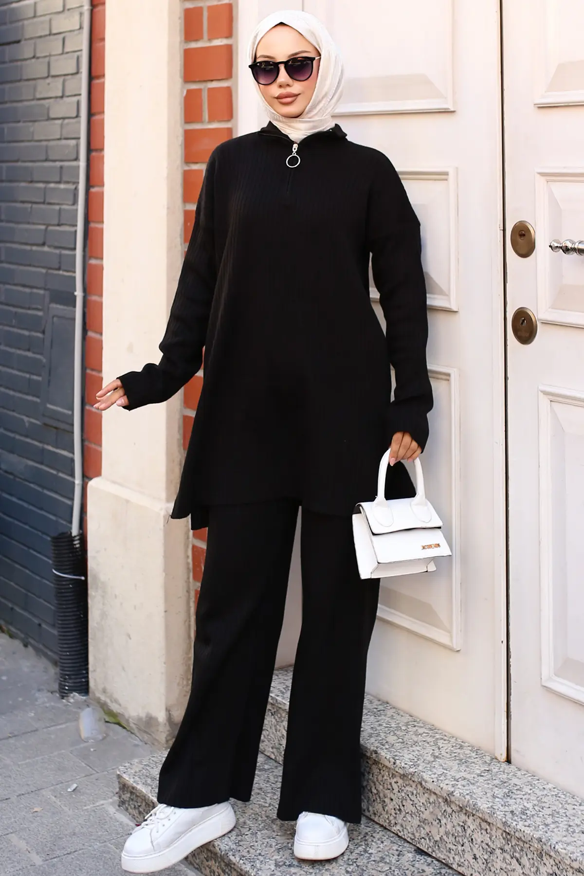 Ribbed Knitwear Suit With Zipper Detail-detail