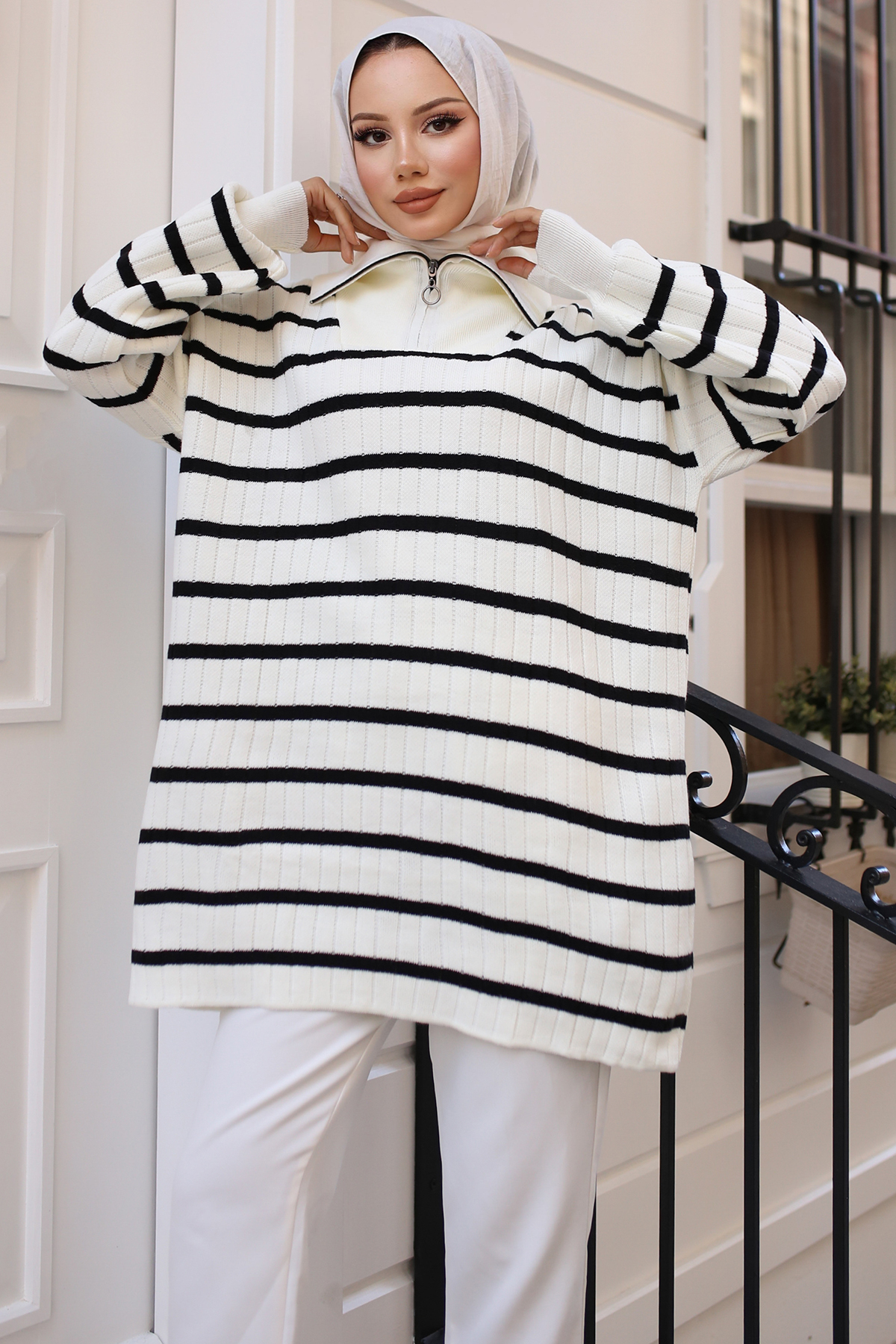 Ribbed Striped Sweater Tunic with Zipped Collar