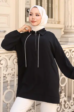 Rope Detailed Half Zippered Hijab Tunic