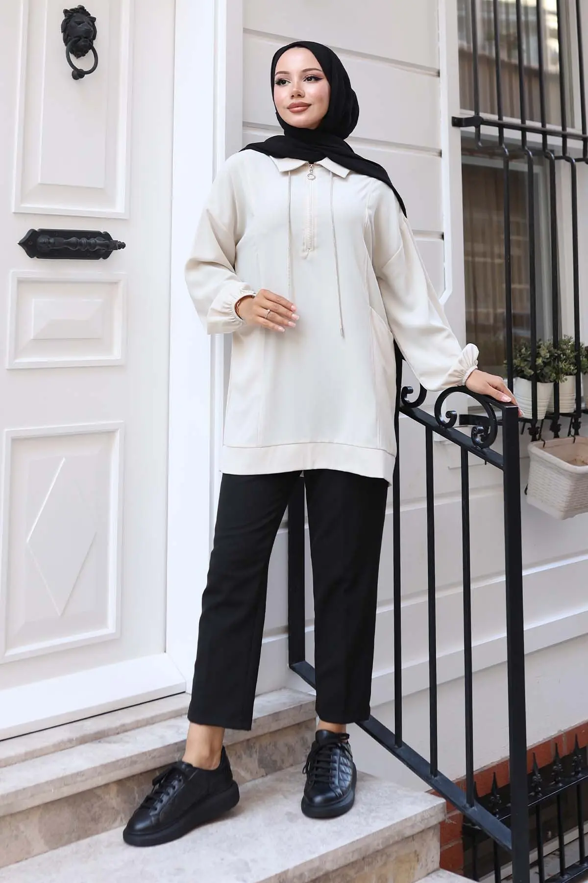 Rope Detailed Half Zippered Hijab Tunic-detail