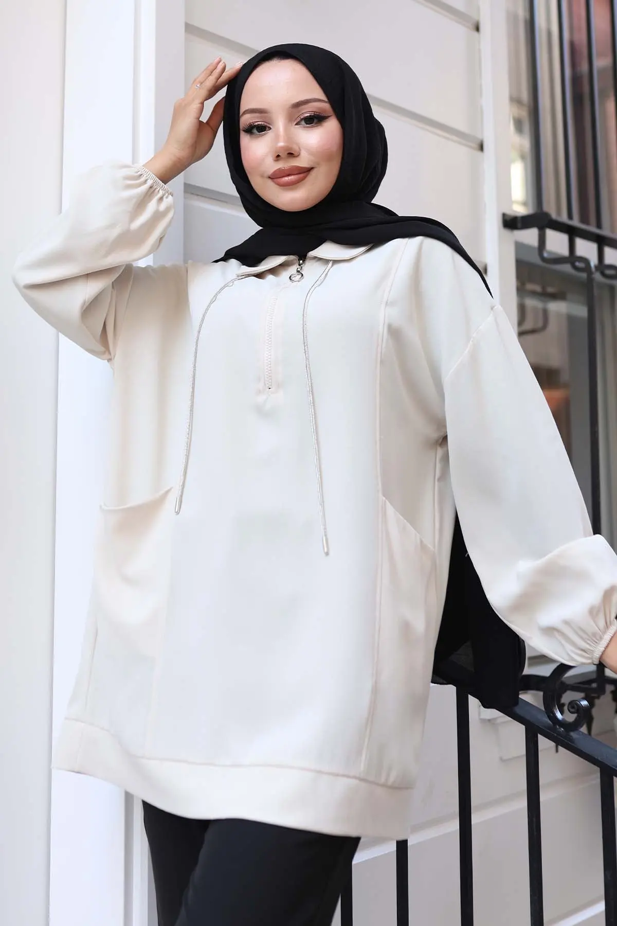 Rope Detailed Half Zippered Hijab Tunic-detail