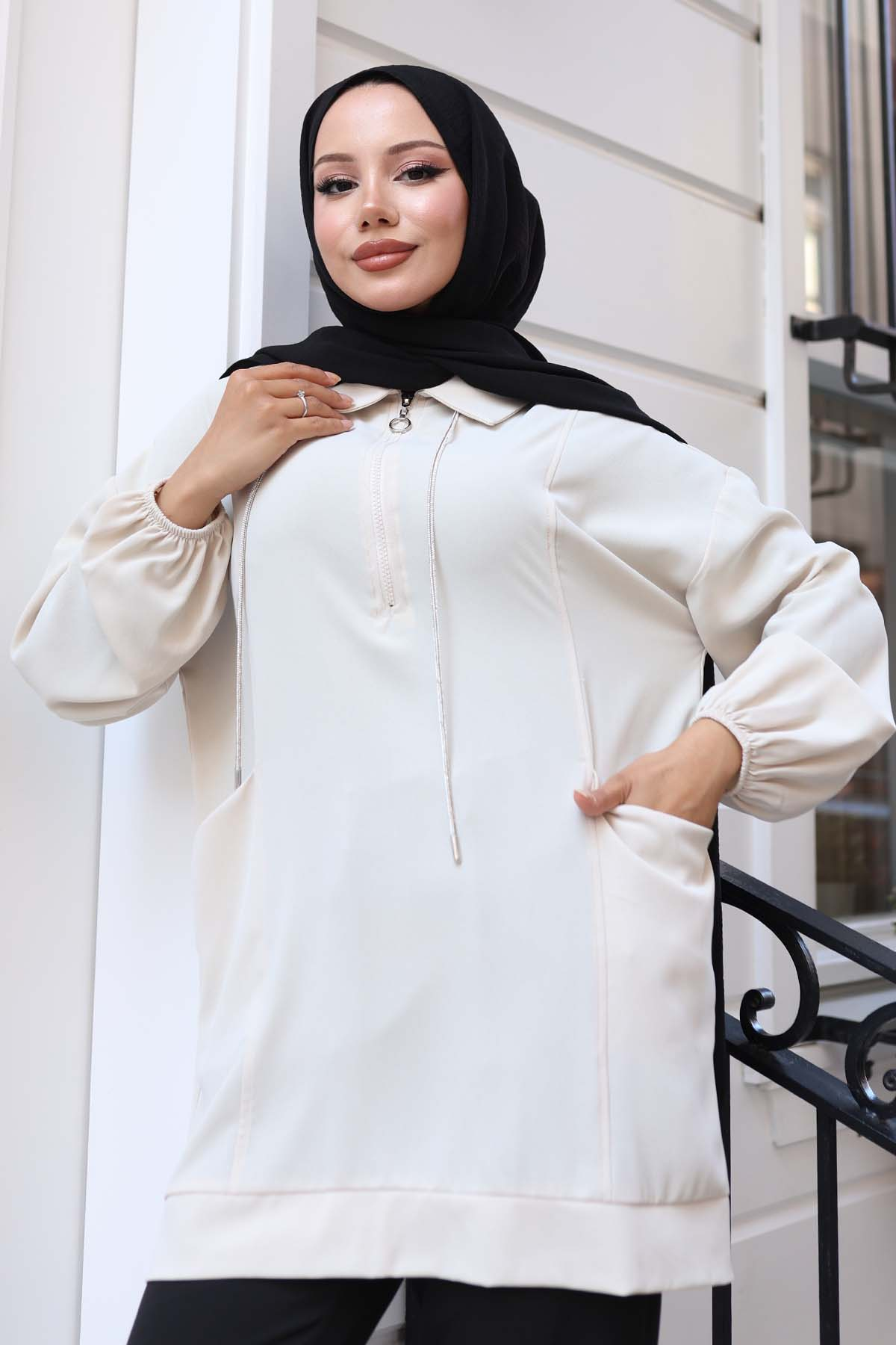 Rope Detailed Half Zippered Hijab Tunic