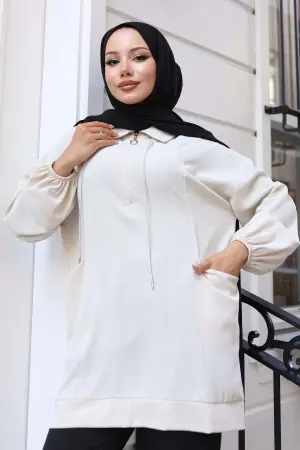 Rope Detailed Half Zippered Hijab Tunic