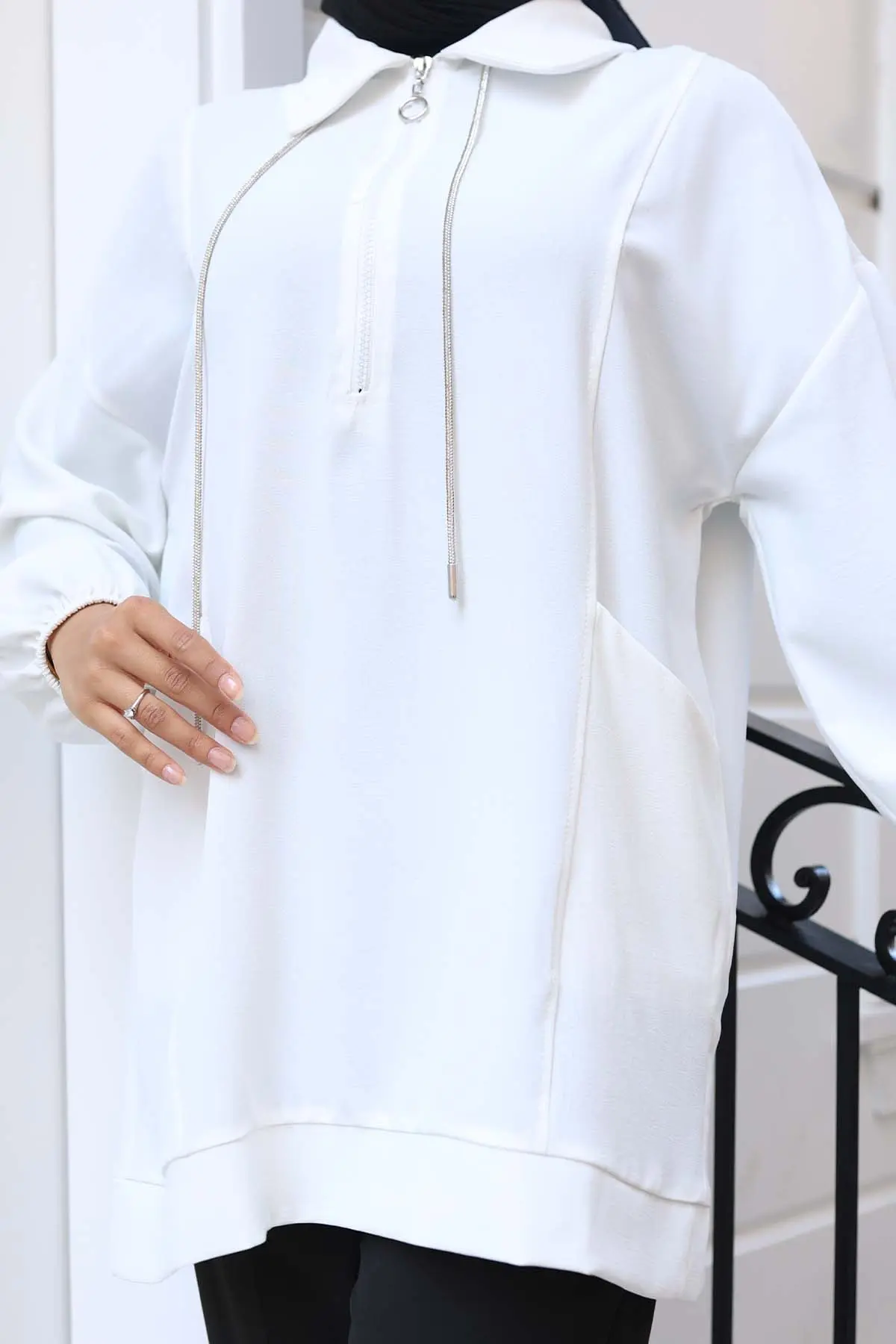 Rope Detailed Half Zippered Hijab Tunic-detail