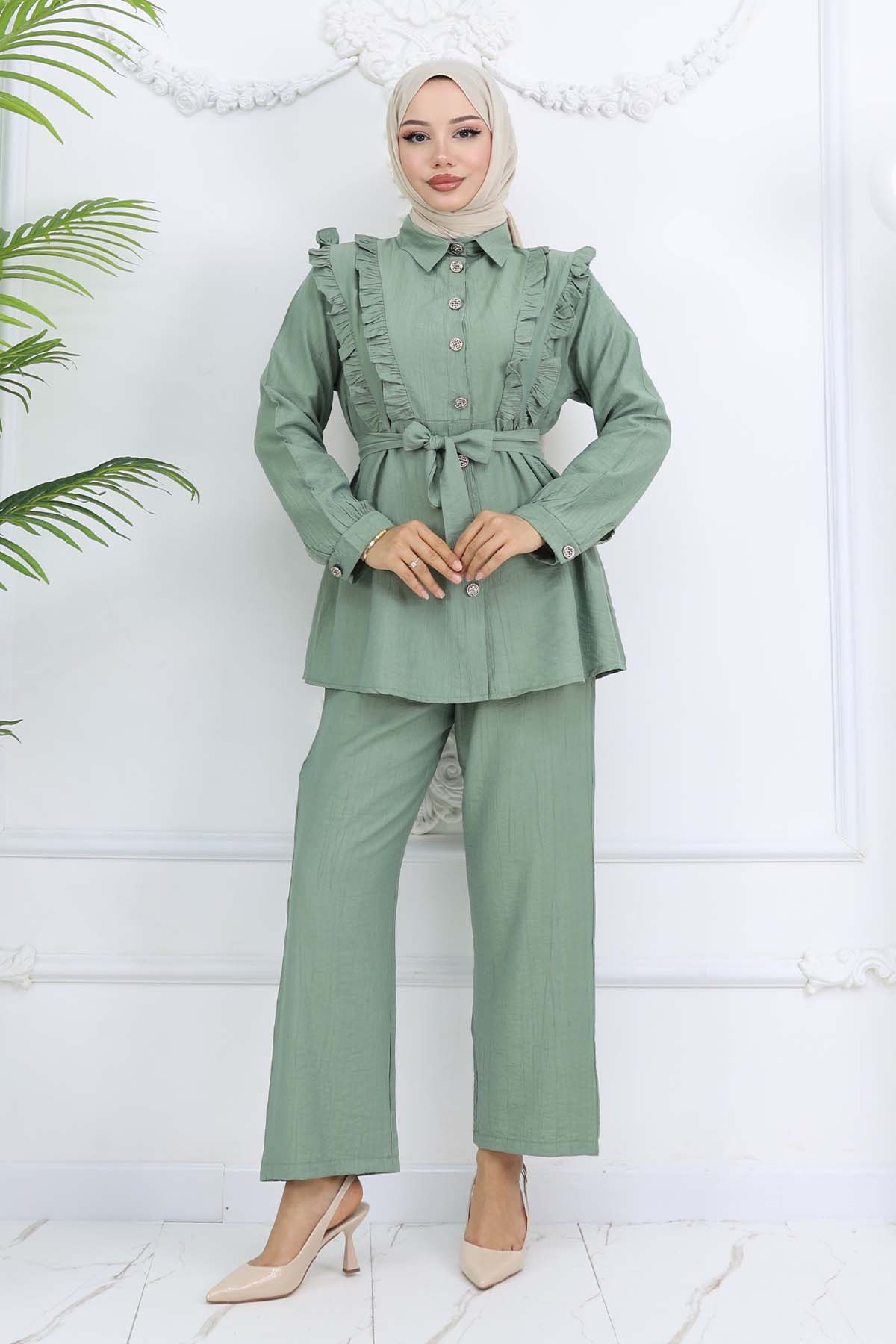 Ruffle Detailed Belted Two Piece Suit