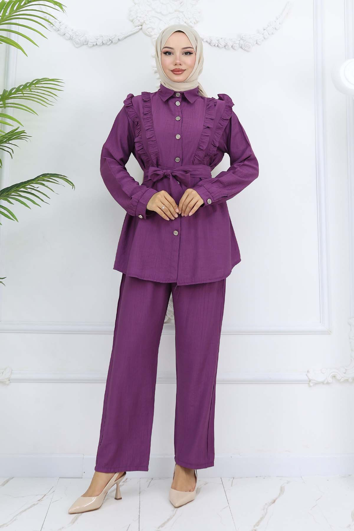 Ruffle Detailed Belted Two Piece Suit