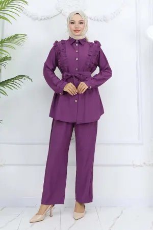 Ruffle Detailed Belted Two Piece Suit