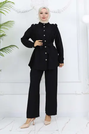 Ruffle Detailed Belted Two Piece Suit