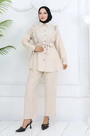 Ruffle Detailed Belted Two Piece Suit