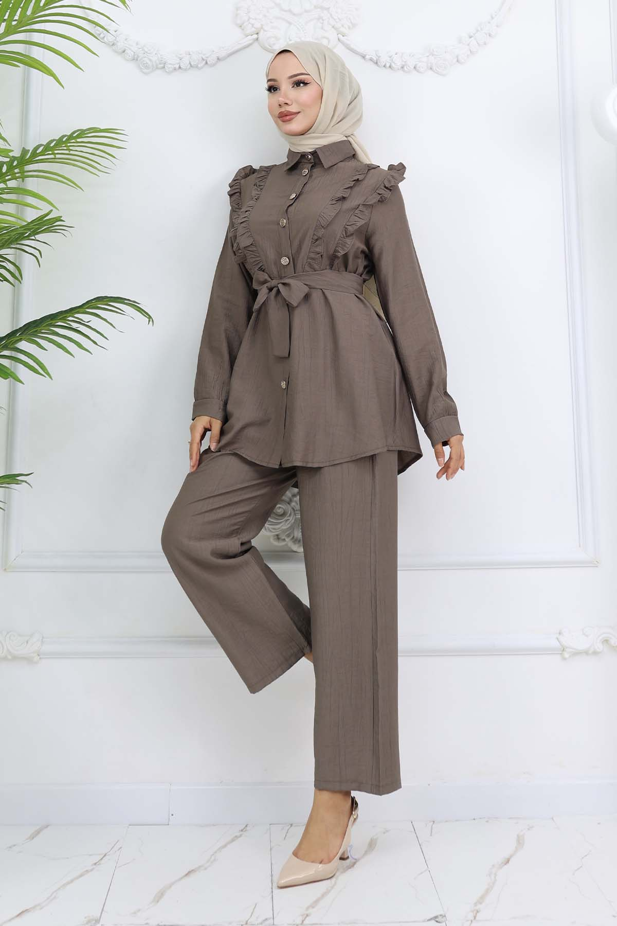 Ruffle Detailed Belted Two Piece Suit